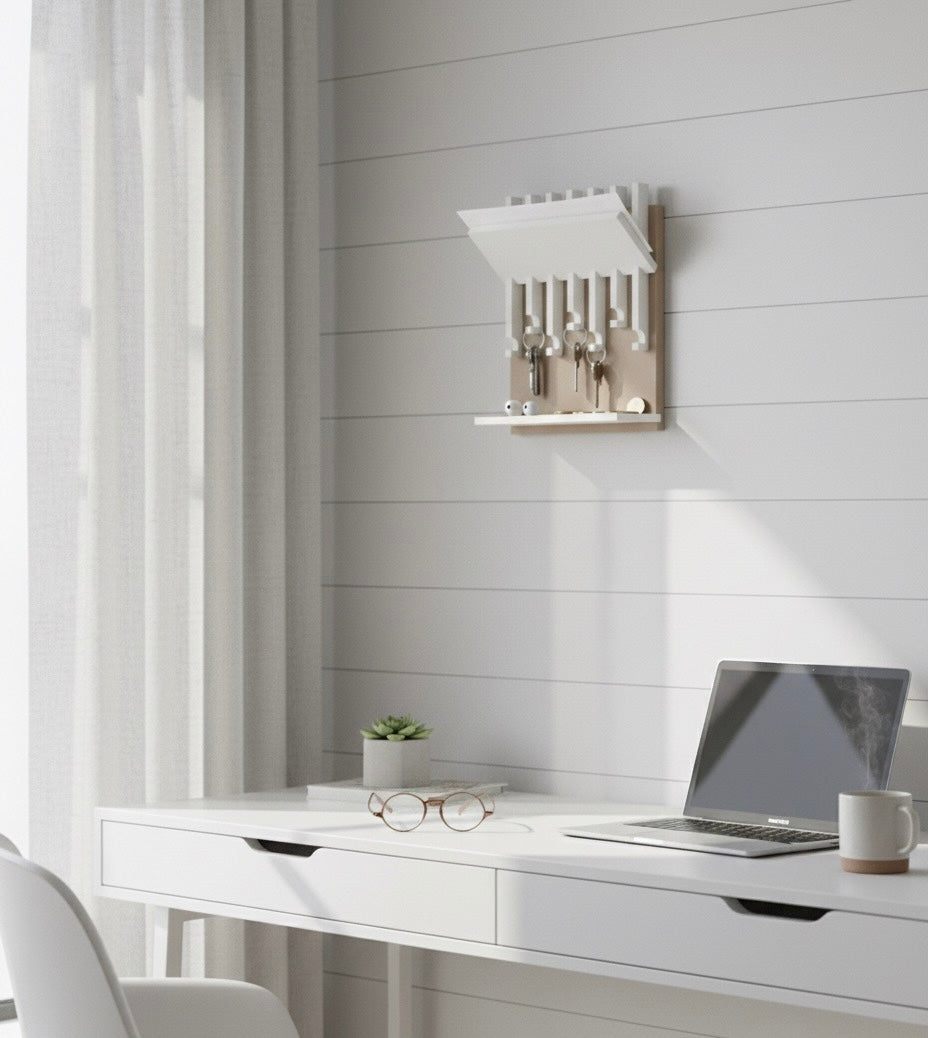 Porta llaves con repisa blanco y MDF natural