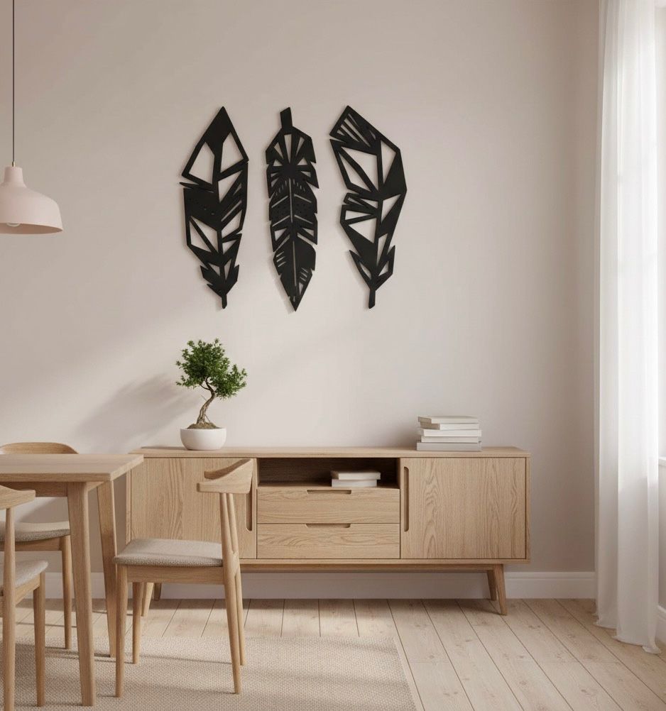 Cuadro Plumas Geometricas En Negro Mate