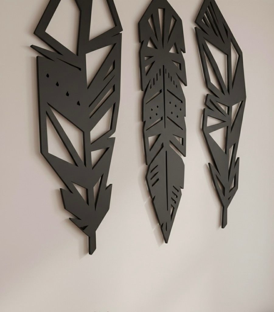 Cuadro Plumas Geometricas En Negro Mate